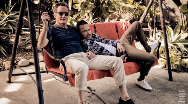 Aaron Paul & Bryan Cranston Reunite for Esquire México Appearing in a feature for Esquire México, Bryan Cranston wears a Stile Latino polo, Tod's shoes, and Garrett Leight sunglasses. Aaron Paul dons a Dolce & Gabbana jacket with a Calvin Klein top, AllSaints pants, a SSS World Corp belt, and Axel Arigato shoes.