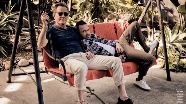 Appearing in a feature for Esquire México, Bryan Cranston wears a Stile Latino polo, Tod's shoes, and Garrett Leight sunglasses. Aaron Paul dons a Dolce & Gabbana jacket with a Calvin Klein top, AllSaints pants, a SSS World Corp belt, and Axel Arigato shoes.