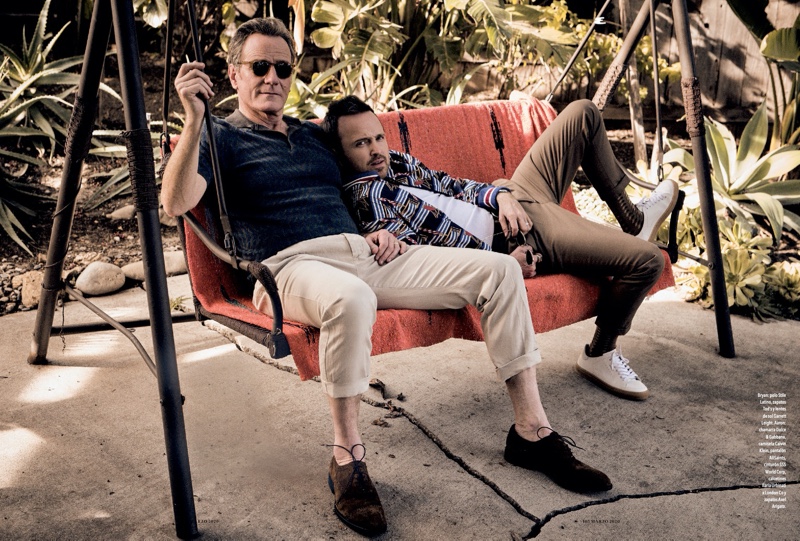 Appearing in a feature for Esquire México, Bryan Cranston wears a Stile Latino polo, Tod's shoes, and Garrett Leight sunglasses. Aaron Paul dons a Dolce & Gabbana jacket with a Calvin Klein top, AllSaints pants, a SSS World Corp belt, and Axel Arigato shoes.