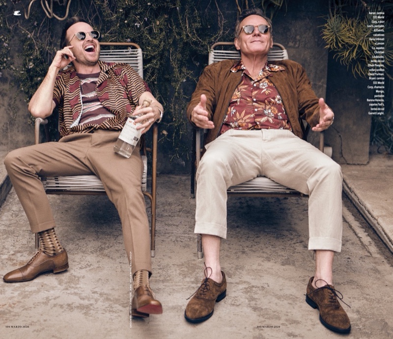 Soaking in the sun, Aaron Paul and Bryan Cranston star in an Esquire México photoshoot. Paul wears a SSS World Corp shirt, Levi's t-shirt, AllSaints pants, Oliver Peoples sunglasses, and Christian Louboutin shoes. Cranston rocks a SSS World Corp shirt, Mango jacket, Barena Venezia pants, Tod's shoes, and Garrett Leight sunglasses.