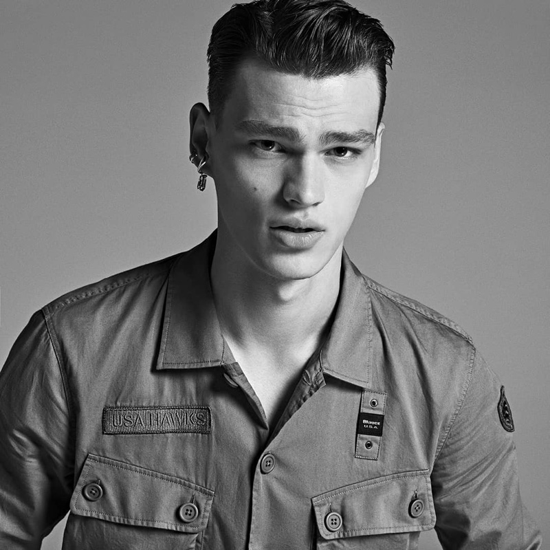 Photographer Branislav Simoncik captures a black and white portrait of Filip Hrivnak for Blauer USA's spring-summer 2020 campaign.