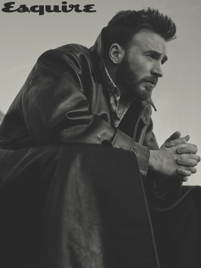 Robbie Fimmano photographs Chris Evans in a leather AMI jacket for Esquire. Evans also rocks a sweater and shirt by Dior Men with Louis Vuitton pants.