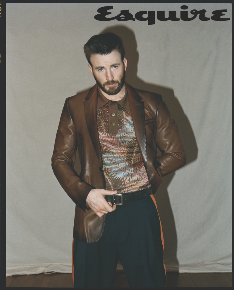 Front and center, Chris Evans don a leather Berluti jacket with a Missoni shirt, Valentino pants, and an RRL belt for the pages of Esquire.