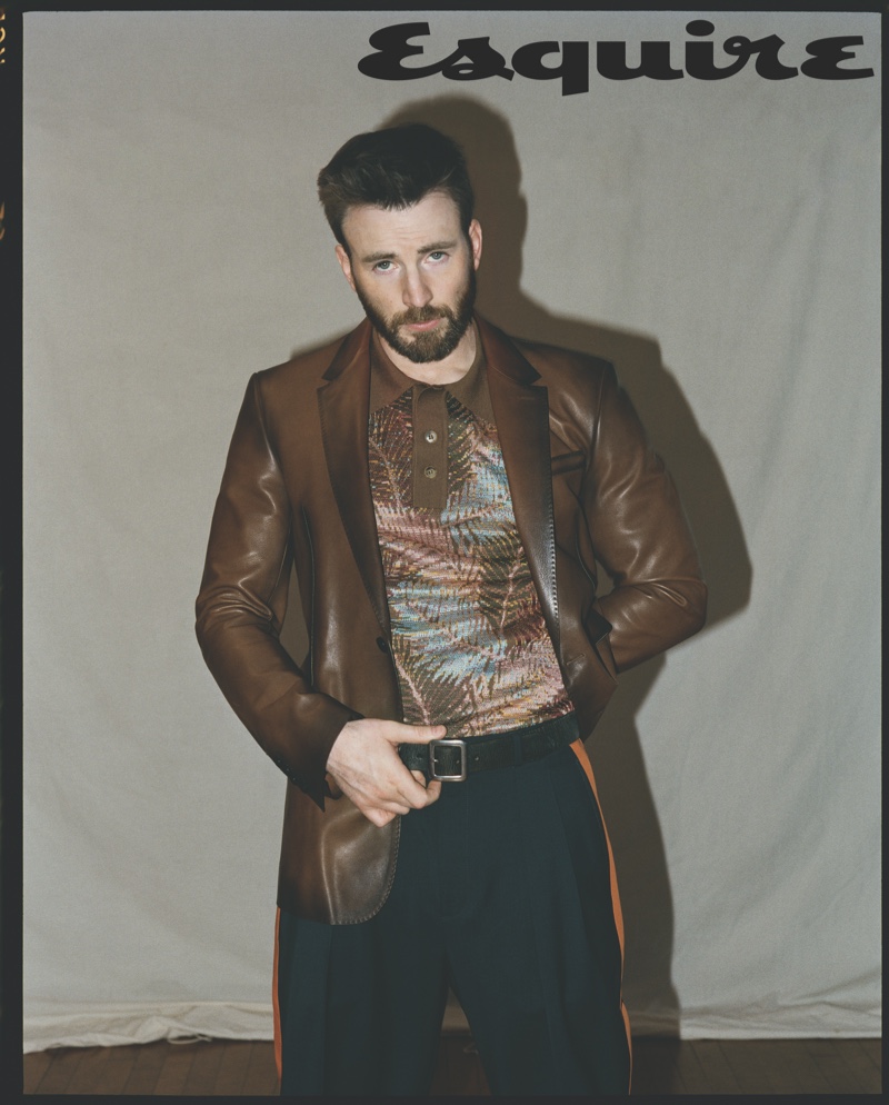 Front and center, Chris Evans don a leather Berluti jacket with a Missoni shirt, Valentino pants, and an RRL belt for the pages of Esquire. » Chris Evans Covers Esquire, Discusses 'Defending Jacob' Front and center, Chris Evans don a leather Berluti jacket with a Missoni shirt, Valentino pants, and an RRL belt for the pages of Esquire.