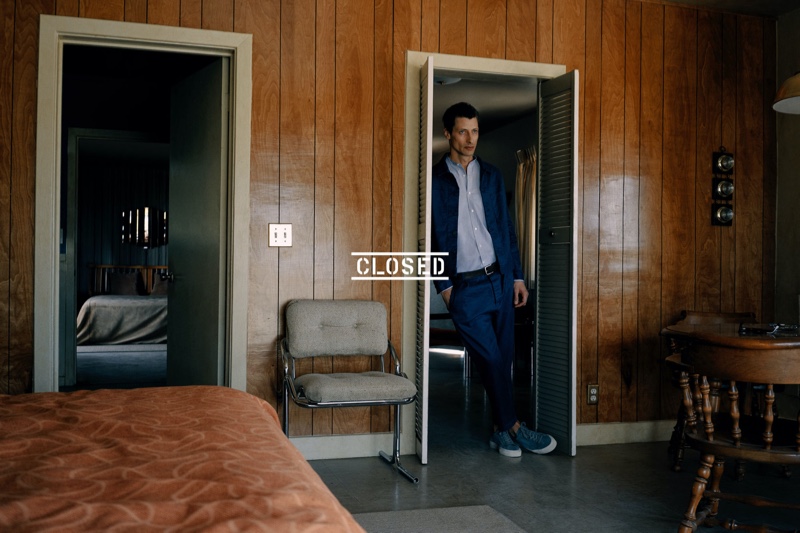 Front and center, Jonas Mason models smart style from Closed's spring-summer 2020 collection.