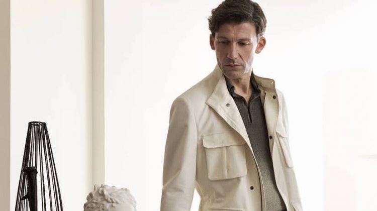 Making a classic statement in a safari jacket, Ben Grafton fronts Corneliani's spring-summer 2020 campaign.