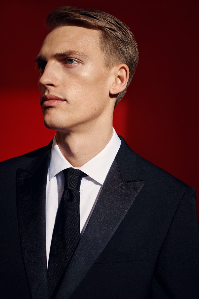 A dapper vision, Victor Nylander models a tuxedo for David Jones' spring-summer 2020 campaign.