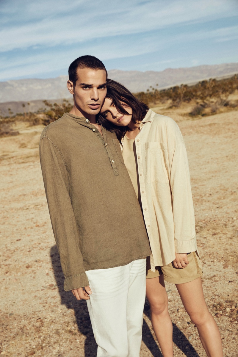 Pictured alongside Kristen Coffey, David Friend sports a grandad collar pullover from Esprit's EarthColors capsule collection.