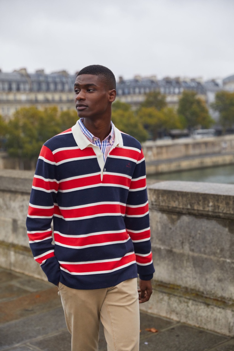 Rachide Embalo dons a rugby shirt for GANT's spring 2020 campaign.