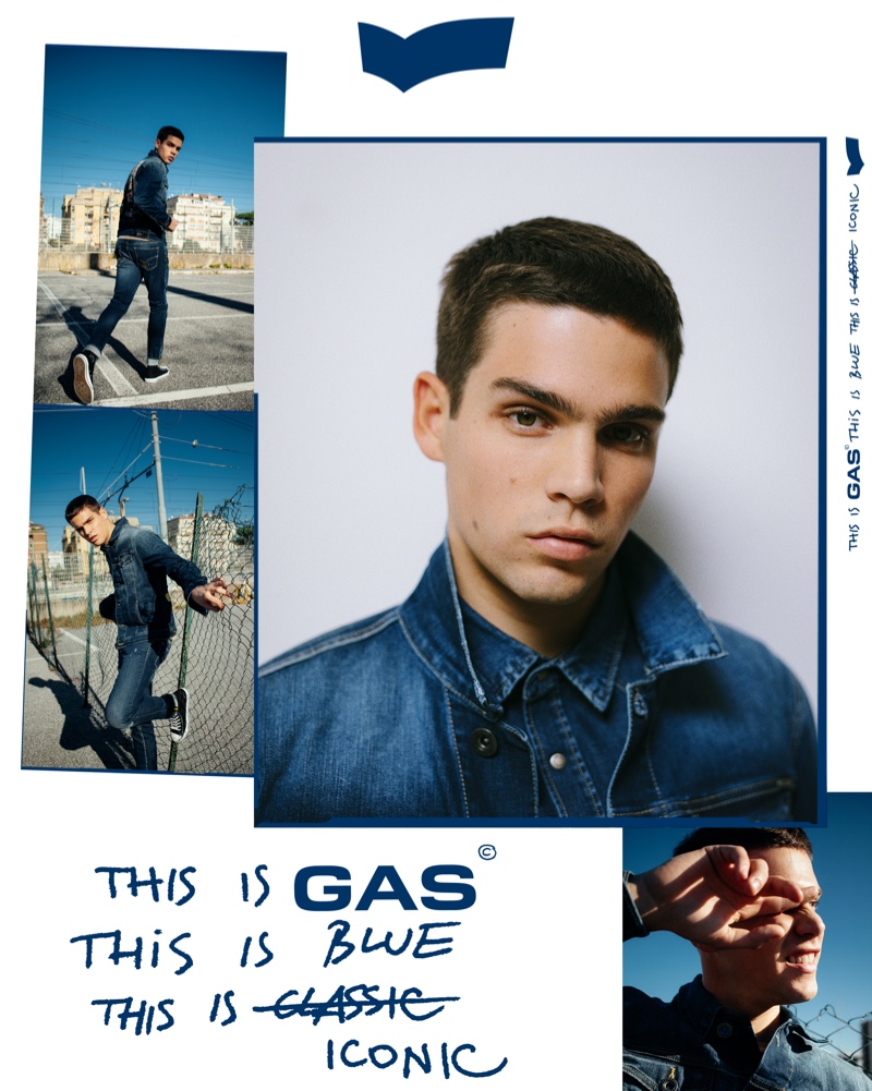 Clad in blue denim, Federico Spinas fronts GAS' spring-summer 2020 campaign.