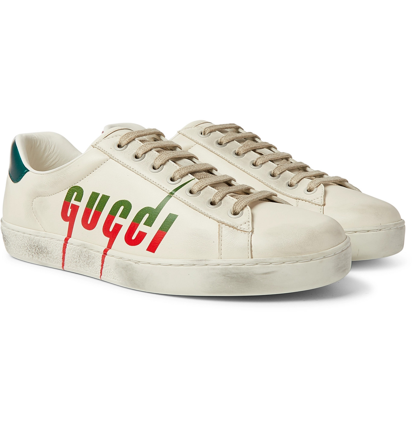Gucci - Ace Distressed Leather Sneakers 