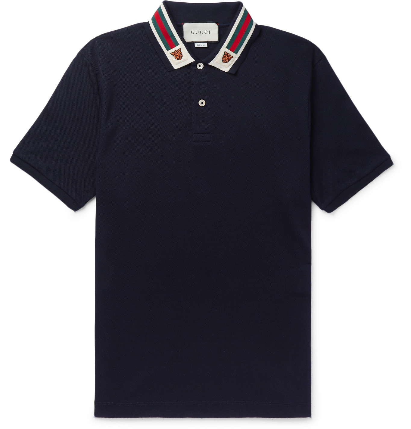 Gucci - Appliquéd Webbing-Trimmed Cotton-Piqué Polo Shirt - Men - Blue ...