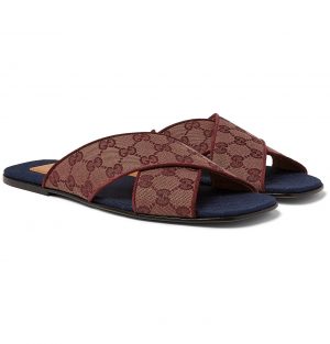 Gucci - Suede-Trimmed Monogrammed Canvas Slides - Men - Burgundy Gucci - Suede-Trimmed Monogrammed Canvas Slides - Men - Burgundy