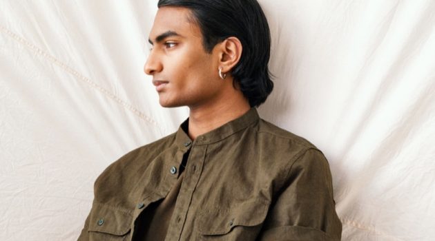 Robin & Zhang Don Linen Layers for H&M Robin Rishi dons a band-collar linen shirt from H&M.