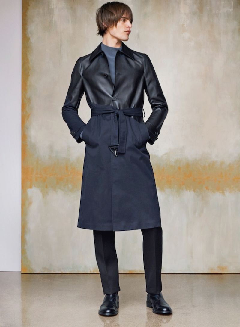 Connecting with Holt Renfrew, Parker van Noord makes a case for the modern trench in a leather style by Bottega Veneta.