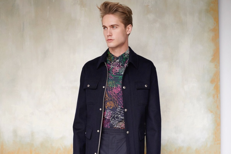 Embracing a graphic statement, Neels Visser models a Berluti jacquard shirt and field jacket for Holt Renfrew. » Neels & Parker Don Spring Must-Haves for Holt Renfrew Embracing a graphic statement, Neels Visser models a Berluti jacquard shirt and field jacket for Holt Renfrew.