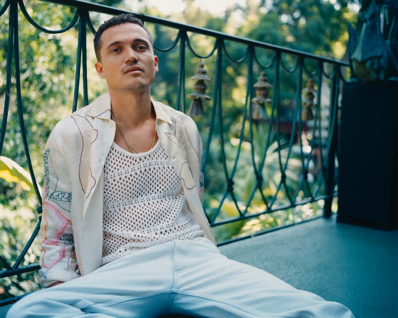 Actor Karl Glusman inspires in spring style for Mr Porter. Pictured outside, he wears an AMIRI crocheted tank, Bode embroidered satin-twill shirt, and Maison Margiela jeans. » Karl Glusman Stars in Mr Porter Shoot, Talks Style & 'Devs' Actor Karl Glusman inspires in spring style for Mr Porter. Pictured outside, he wears an AMIRI crocheted tank, Bode embroidered satin-twill shirt, and Maison Margiela jeans.