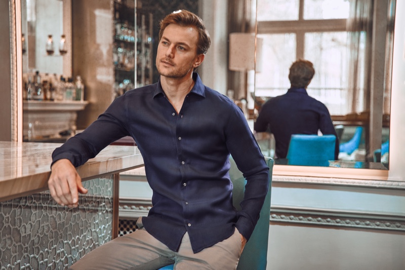 South African model Craig Le Roux sports a linen shirt in midnight blue from Luca Faloni.