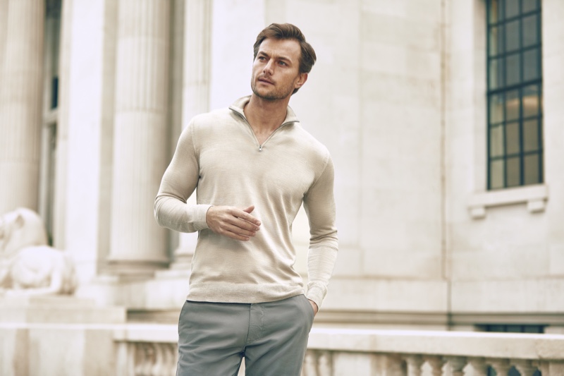 Model Craig Le Roux dons a Luca Faloni silk-cashmere zip-up sweater in oatmeal.