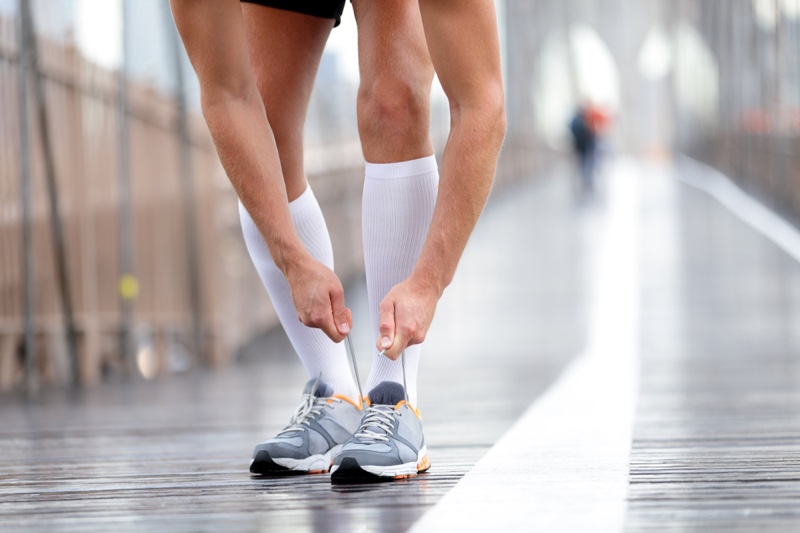 Man Tying Sneakers Calf Length White Socks