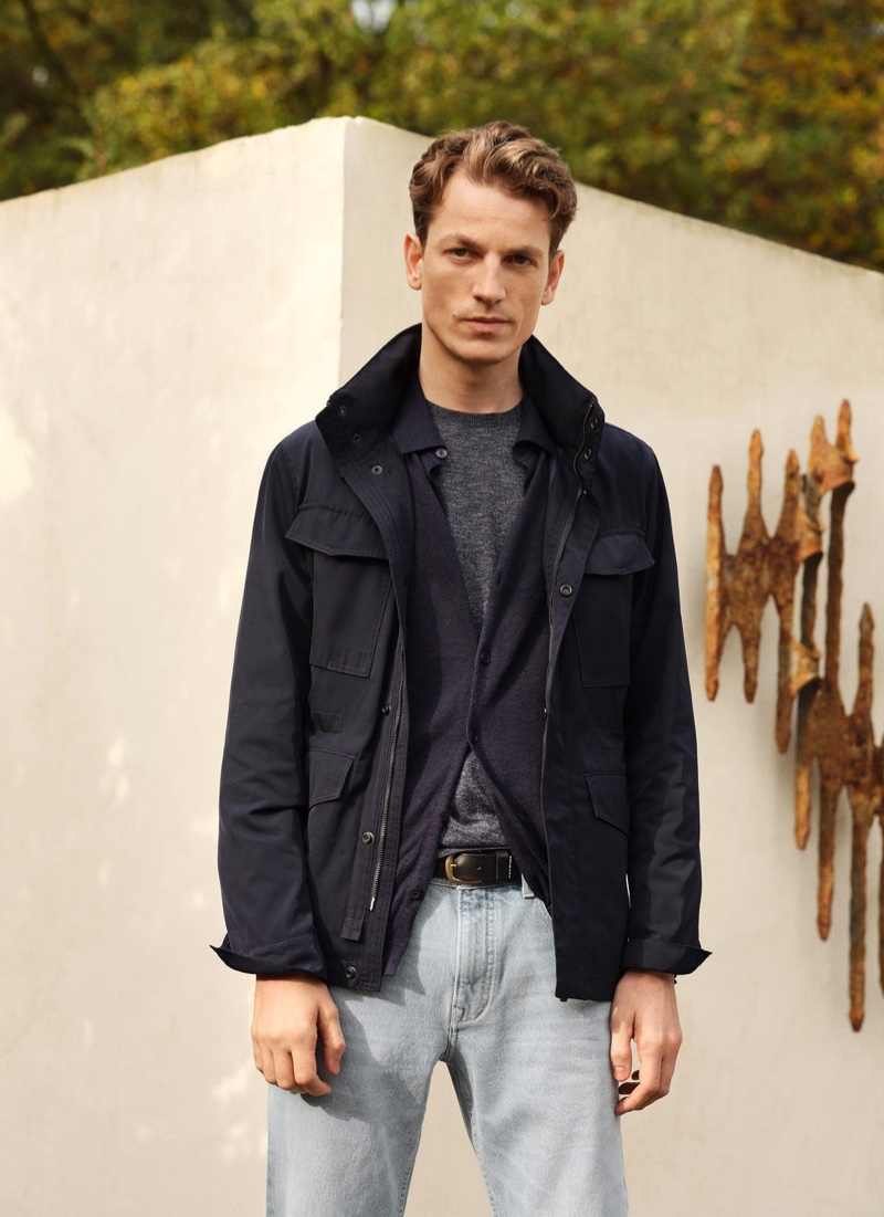 Front and center, Hugo Sauzay layers in spring essentials from Mango.