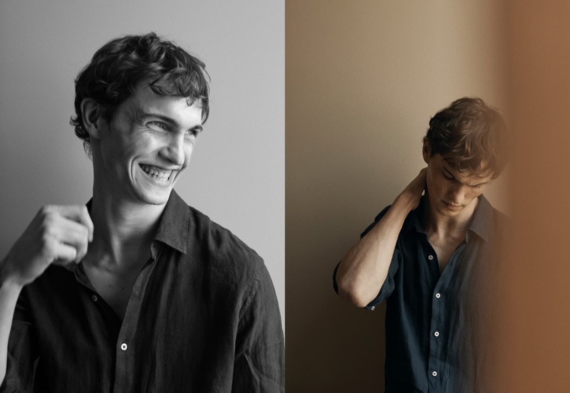 All smiles, Luc Defont-Saviard models a linen shirt from Massimo Dutti.