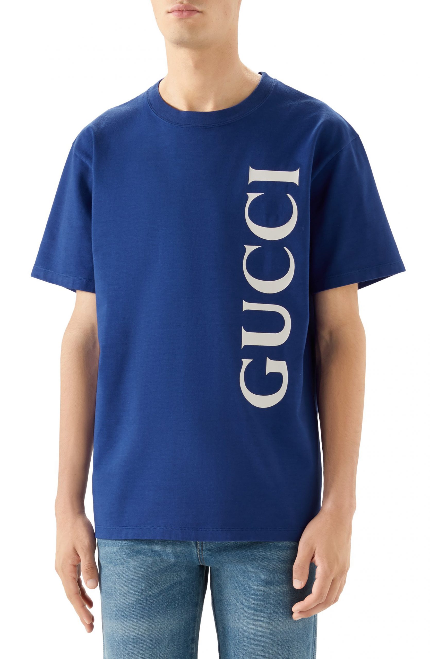 Men’s Gucci Vertical Logo Oversize Graphic Tee, Size X-Small - Blue ...