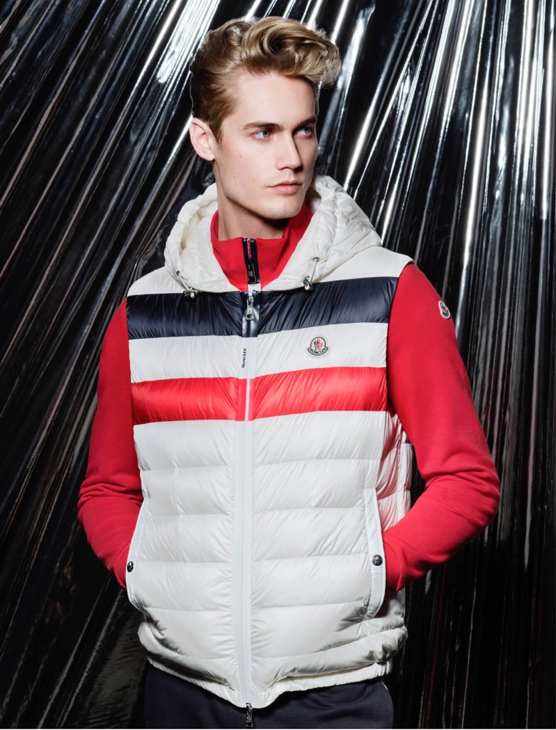 Neels Visser models a down vest and cardigan by Moncler for Holt Renfrew.