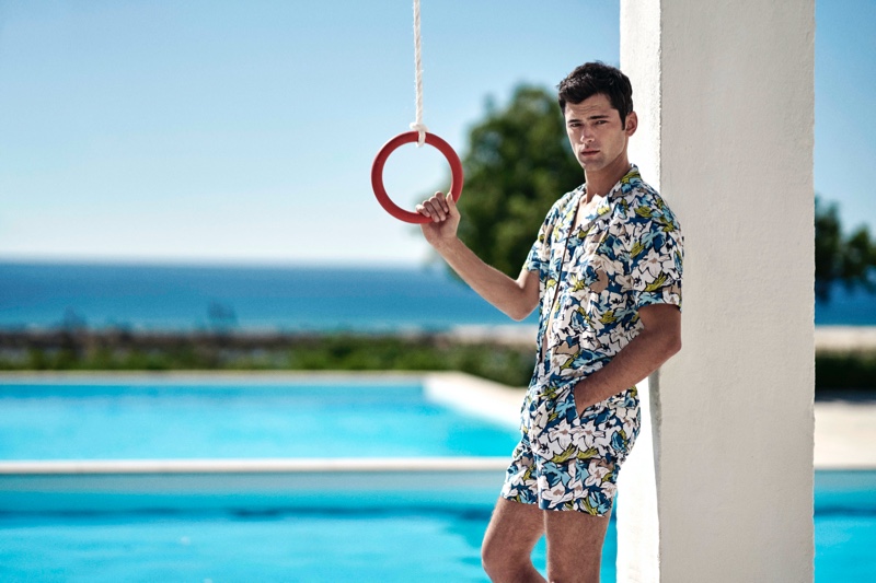 Sean O'Pry sports an all-over print coordinated ensemble from Orlebar Brown for the brand's high summer 2020 campaign.