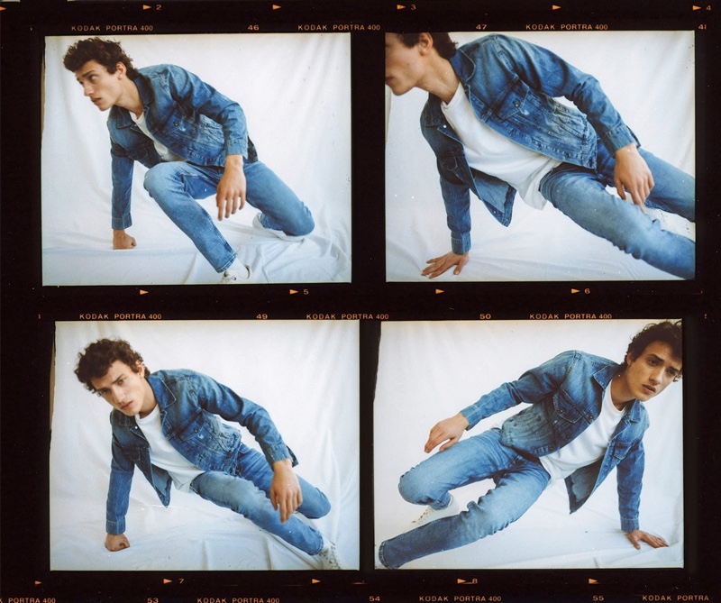 Hitting the studio, Serge Rigvava models a denim look from Pepe Jeans'  spring-summer 2020 lineup.