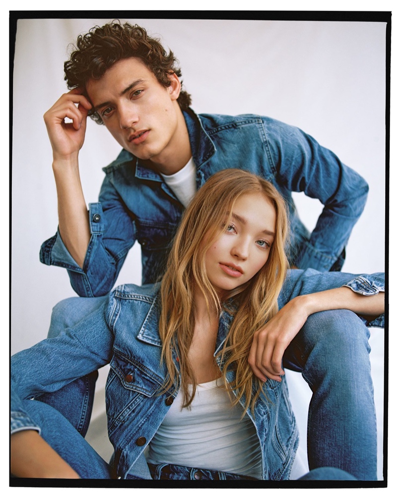 Showcasing blue denim for men and women, models Serge Rigvava and Milena Ionna wear Pepe Jeans.