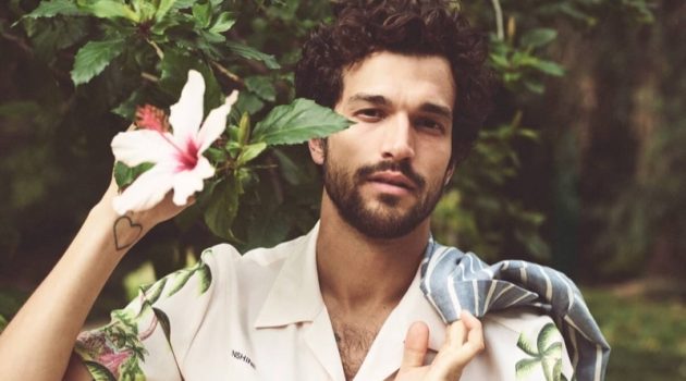 Tropical Garden Isle: Paul Dons Summer Fashions from Scotch & Soda Paul Kelly models Scotch & Soda's Holiday print Hawaiian shirt.