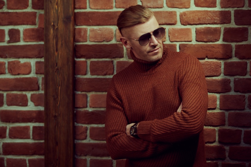 Stylish Man Turtleneck Sweater Aviator Sunglasses