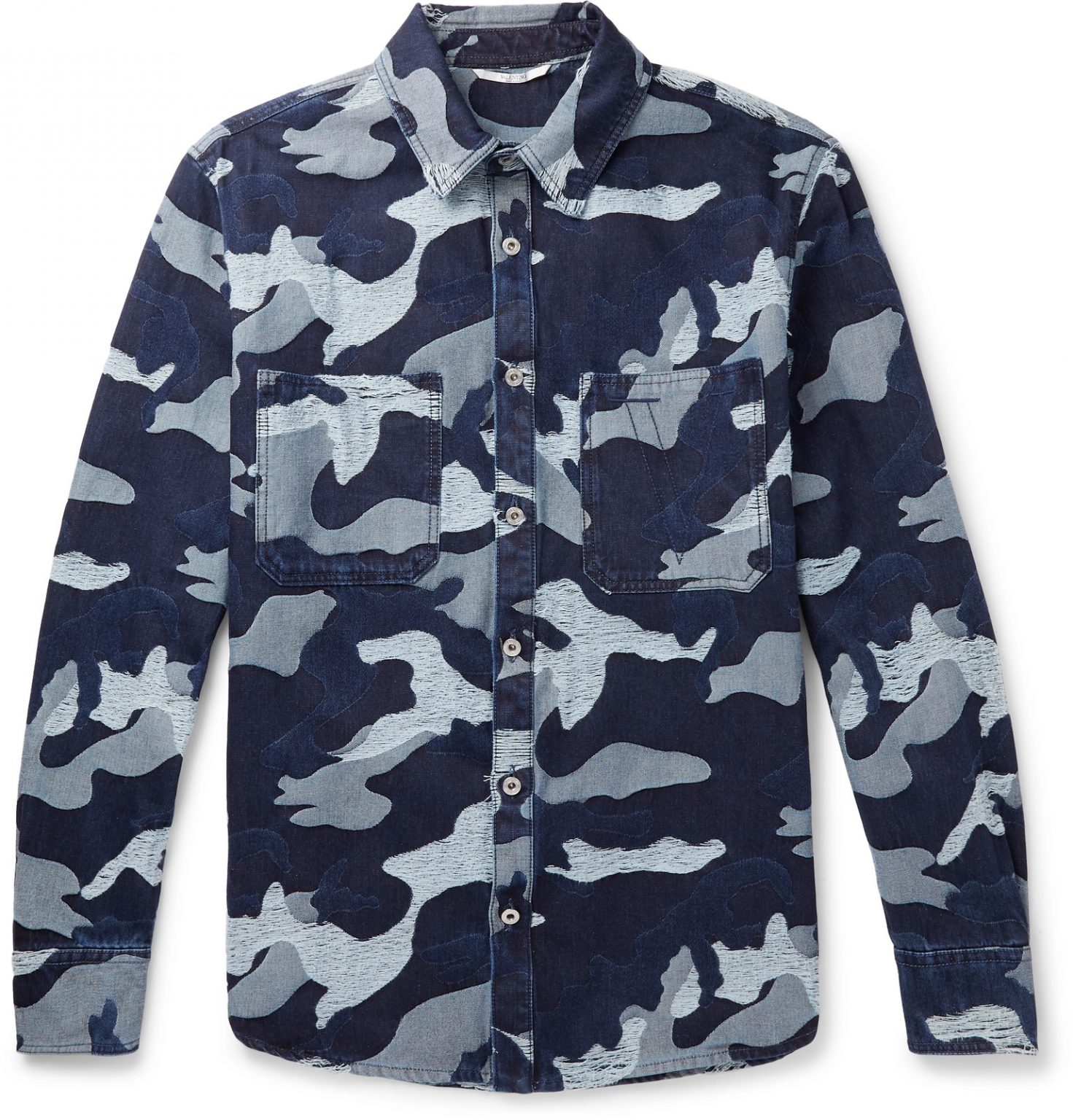 Valentino - Distressed Camouflage-Jacquard Denim Overshirt - Men - Blue ...