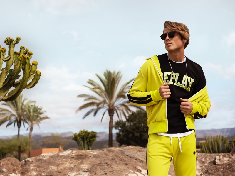 Embracing a sporty outlook, Patrick O'Donnell models a Replay look for Wormland's spring-summer 2020 campaign.