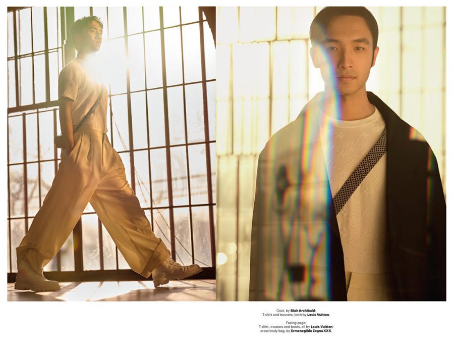 Left: Yoson An wears a Blair Archibald coat with a t-shirt and trousers by Louis Vuitton. Right: An dons a Louis Vuitton look with an Ermenegildo Zegna bag for Esquire Singapore.
