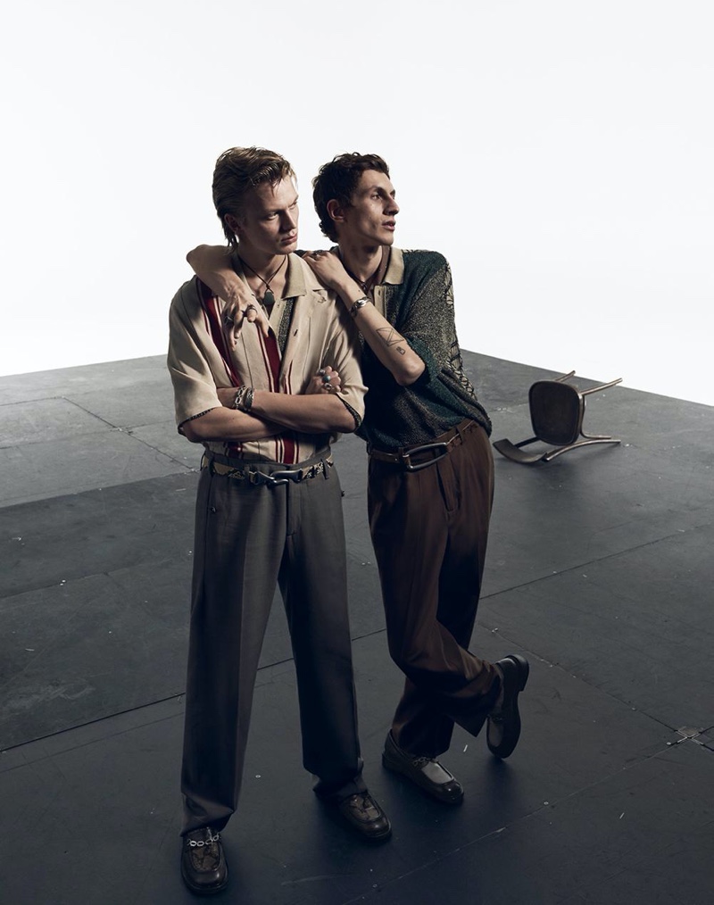 Sporting relaxed pleated trousers and retro-inspired tops, Jonas Glöer and Henry Kitcher front Zara's spring-summer 2020 campaign.