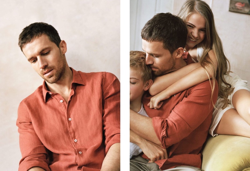 Posing with his children, Andrew Cooper wears a linen shirt and trousers by Massimo Dutti.