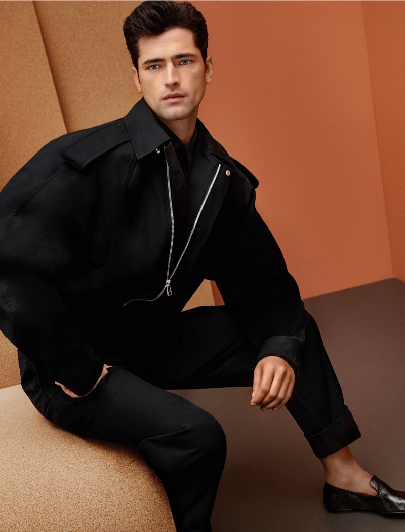 Sean O'Pry sports a technical jacket with a long-sleeve shirt from Bottega Veneta for Holt Renfrew.