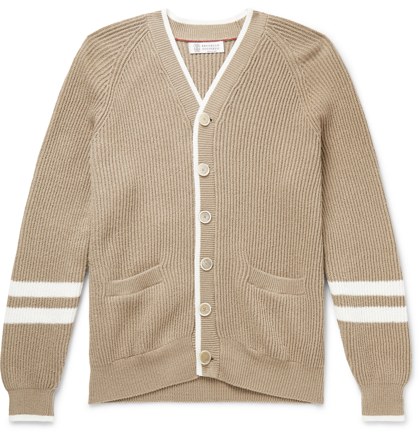 Brunello Cucinelli - Contrast-Tipped Striped Ribbed Cotton Cardigan ...