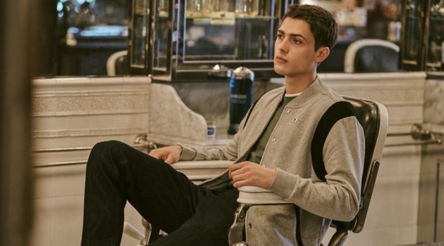 Keep It Casual: Paul Sports Maison Kitsune for East Dane Stopping by a barber shop, Paul Fontanier achieves an effortlessly chic-casual look with key items such as a cotton bomber jacket from Maison Kitsune.