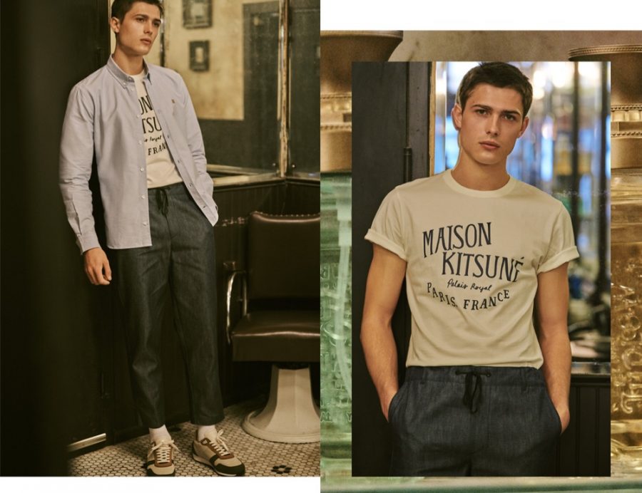 Front and center, Paul Fontanier tackles key pieces from Maison Kitsune. Connecting with East Dane, Paul wears items like Maison Kitsune's oxford shirt and graphic t-shirt.
