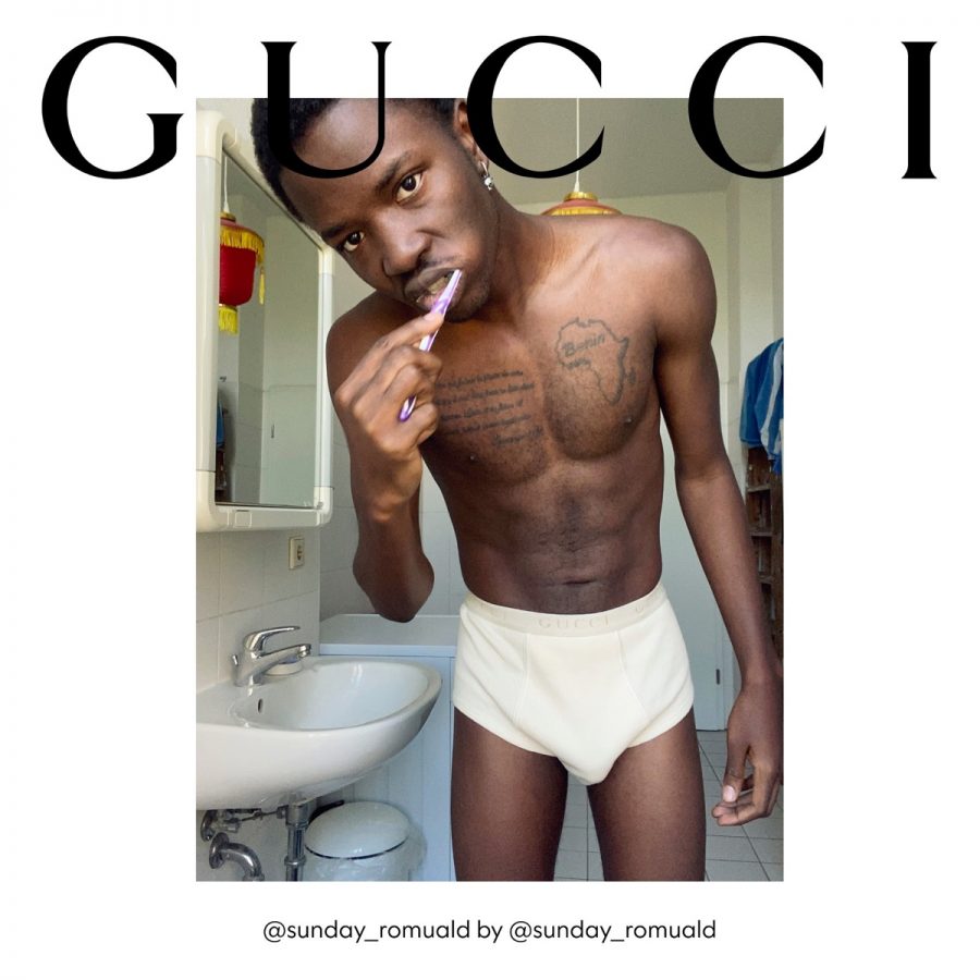 Sunday Romuald brushes his teeth in Gucci underwear for the brand's fall 2020 campaign.