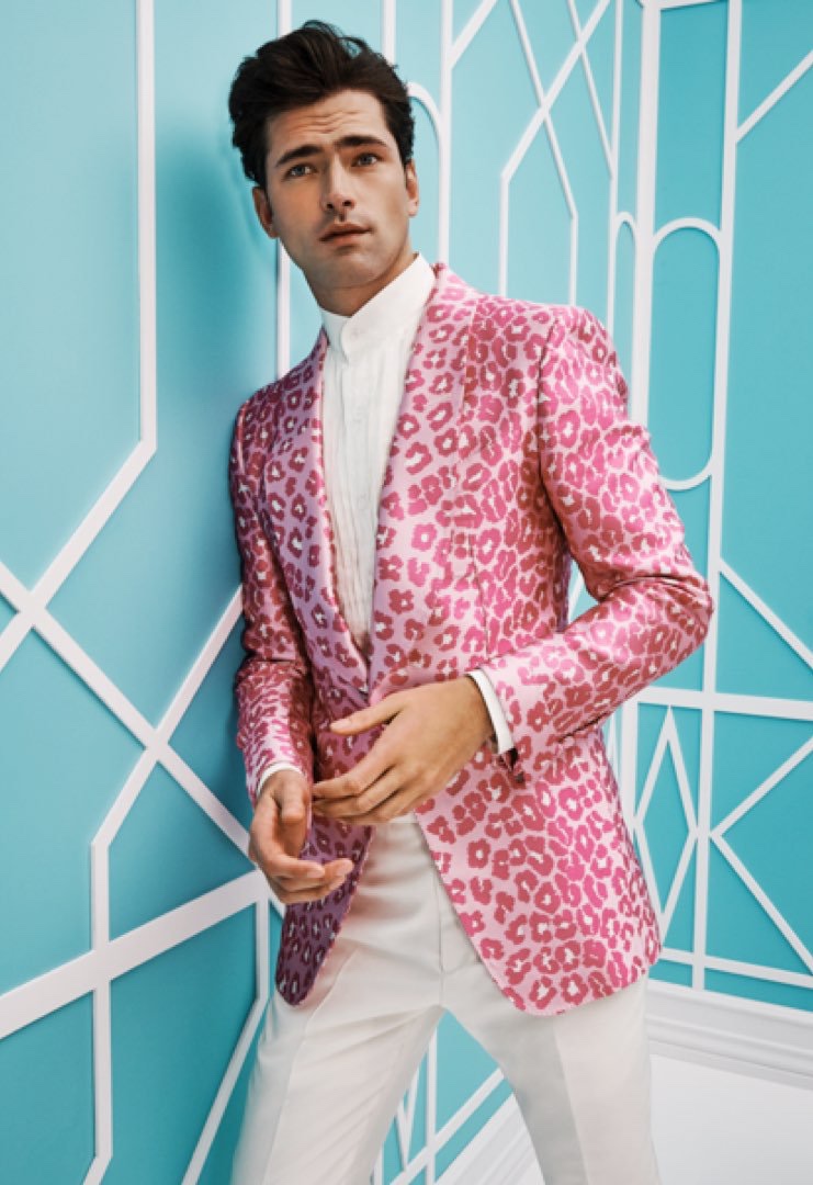 Sean O'Pry dons a silk jacquard cocktail jacket with trousers from Tom Ford for Holt Renfrew.