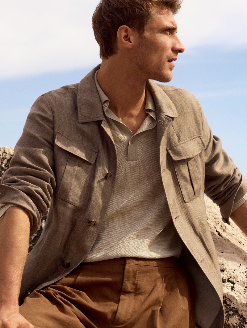 Karim Sadli photographs Clément Chabernaud in a linen overshirt with pleated pants for Loro Piana's spring-summer 2020 campaign.