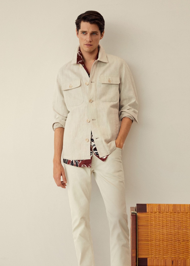 Dressed for summer, Luke Powell sports a linen-blend number from Mango.