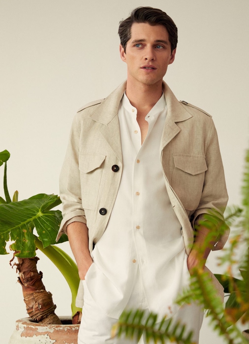 Luke Powell dons a chic linen look from Mango.