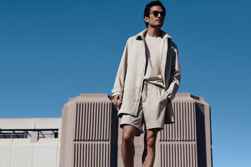 Tony Chung dons a neutral-colored look from Mango for the brand's Improved collection campaign.