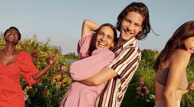 All smiles, Oumie Jammeh, Kaya Wilkins, Boyd Gates, and Andreea Diaconu front Mango's summer 2020 campaign.