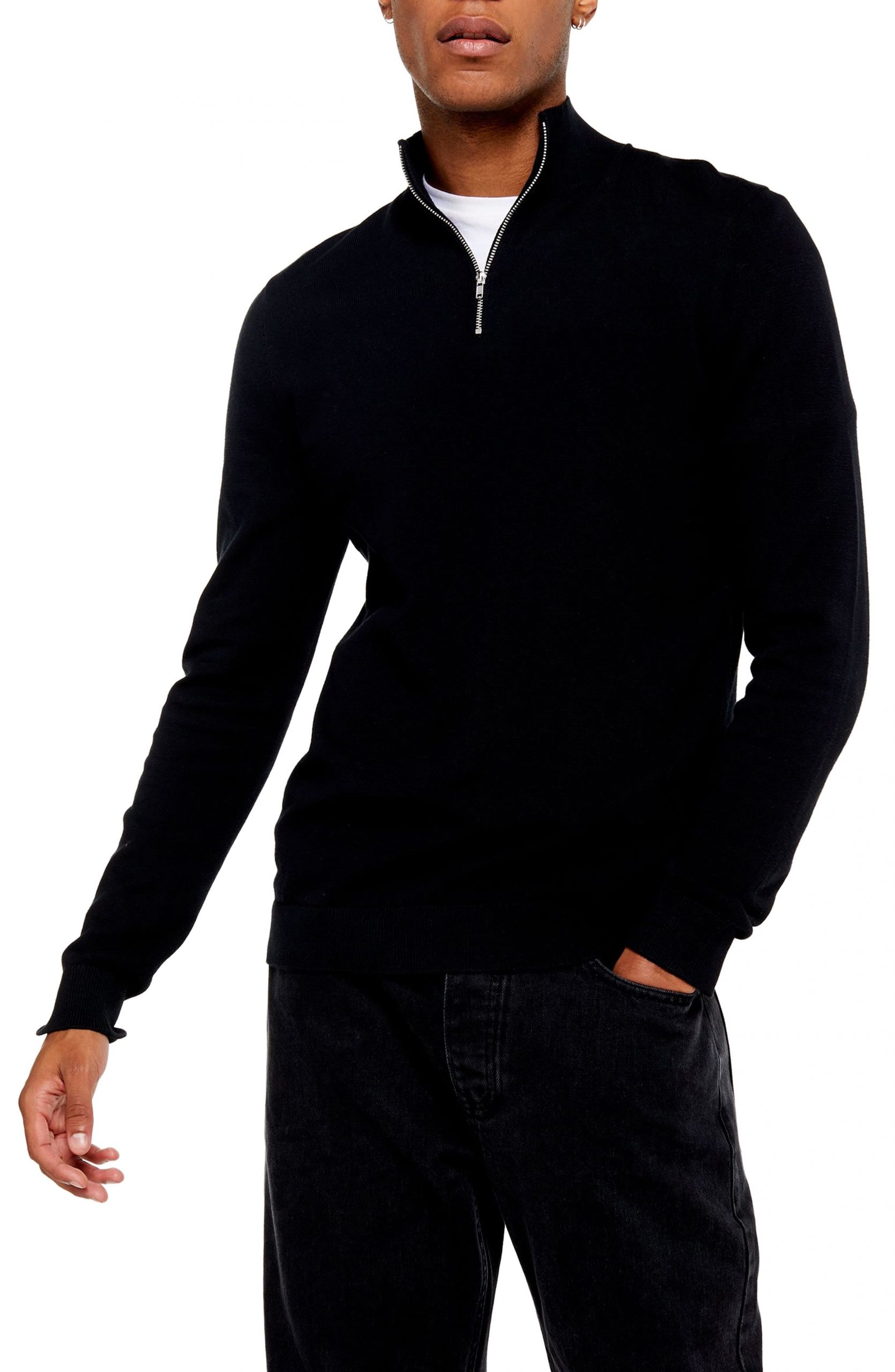 Download Men's Topman Classic Fit Quarter-Zip Mock Neck Sweater, Size Medium - Black | The Fashionisto